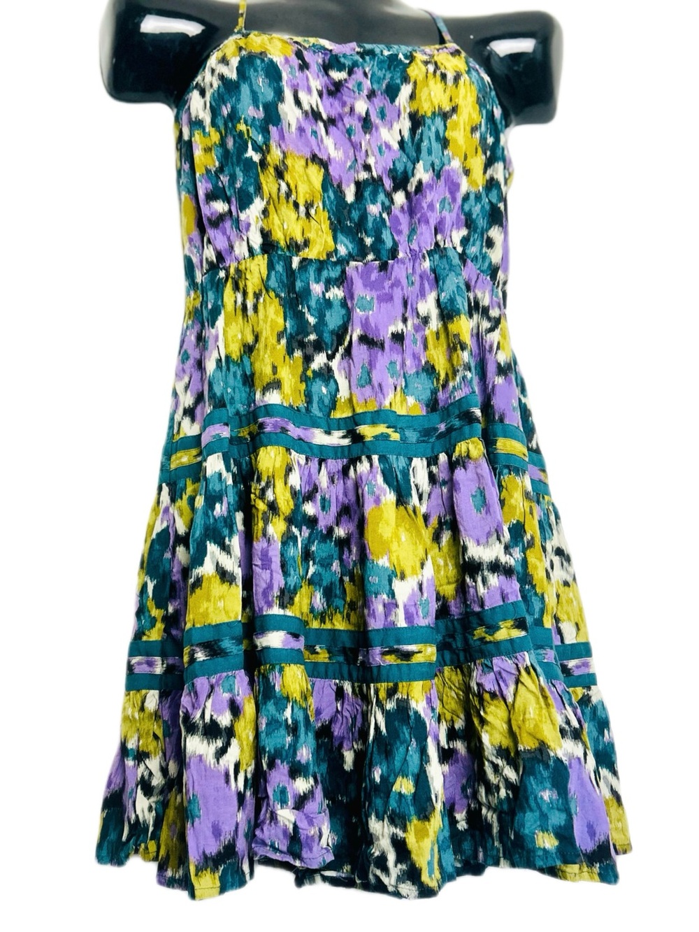 Elle Floral Tiered Spaghetti-Strap Dress in Teal, Purple & Yellow